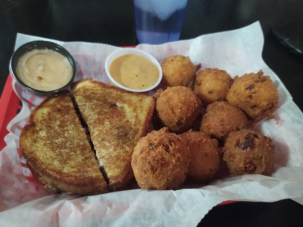 Patty Melt with Mushrooms & Bacon Cheese Hush Puppies